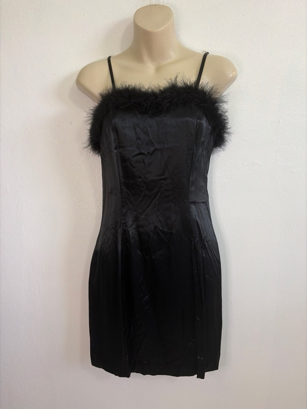 Black Satin Slip Dress with Feather Trim